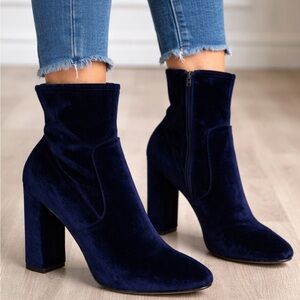 Steve Madden Navy Velvet Block Heel Ankle Boots